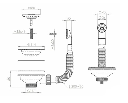 Desen tehnic al unui sifon de lavoar cu dimensiuni