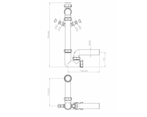 Desen tehnic al unui sifon cu indicații dimensionale