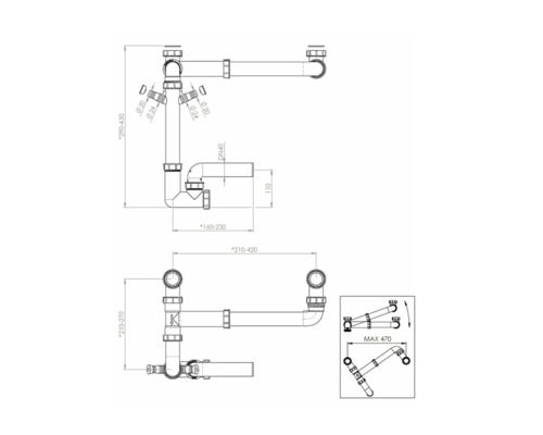 Desen tehnic al unui sifon cu dimensiuni