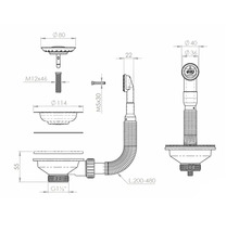 Desen tehnic al unui scurgere de chiuvetă cu dimensiuni.