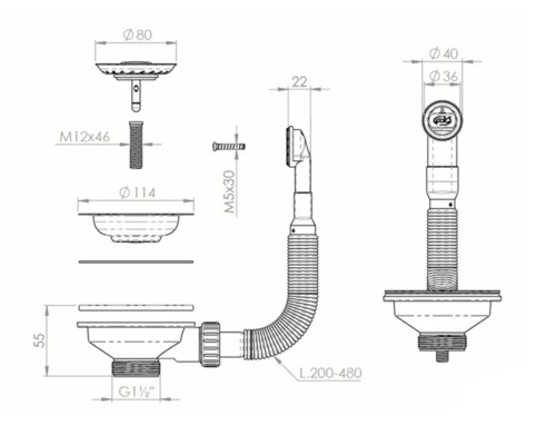Desen tehnic al unui sifon de chiuvetă cu dimensiuni