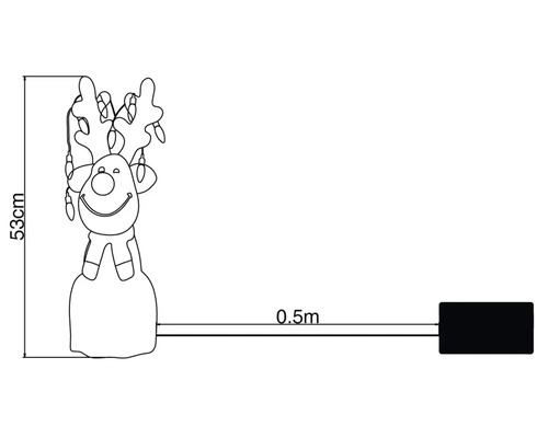 Schiță a unei figurine ren de 53 de centimetri cu un lanț luminos și un cablu de alimentare de 0,5 metri