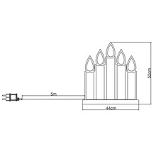 Desen tehnic al unui șir de lumini cu cinci lumânări, lățime de 44 cm și înălțime de 52 cm, cu un cablu de cinci metri.