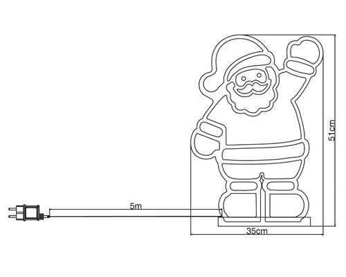 Dimensiunile figurinei luminoase Moș Crăciun: 51 cm înălțime și 35 cm lățime, lungime cablu 5 metri