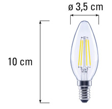 Dimensiunile unui bec LED în formă de lumânare cu soclu E14, lungime de 10 cm și diametru de 3,5 cm