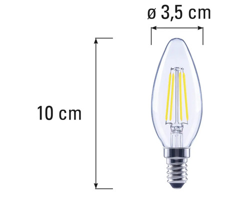 Dimensiunile unui bec LED în formă de lumânare cu soclu E14, lungime de 10 cm și diametru de 3,5 cm