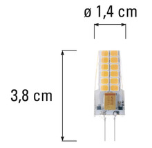 Bec LED G4 cu dimensiunile de 3,8 cm lungime și 1,4 cm diametru