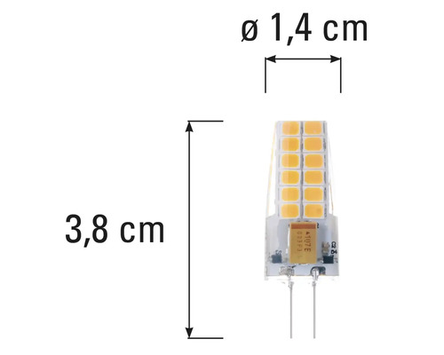 Bec LED G4 cu dimensiunile de 3,8 cm lungime și 1,4 cm diametru