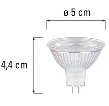 Bec MR16 cu dimensiunile de 5 centimetri diametru și 4,4 centimetri lungime