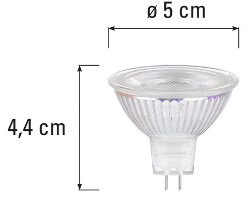 Bec MR16 cu dimensiunile de 5 centimetri diametru și 4,4 centimetri lungime