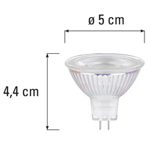 Bec MR16 cu dimensiunile de 4,4 cm înălțime și 5 cm diametru