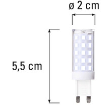 Imagine cu un bec LED G9 cu dimensiunile de 5,5 cm lungime și 2 cm diametru.