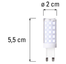 Bec LED G9 cu dimensiunile de 5,5 cm lungime și 2 cm diametru