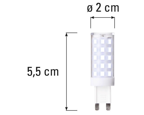Bec LED G9 cu dimensiunile de 5,5 cm lungime și 2 cm diametru