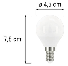 Bec LED E14 cu dimensiunile de 4,5 cm în diametru și 7,8 cm în înălțime