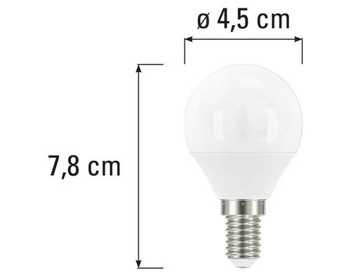 Bec LED E14 cu dimensiunile de 4,5 cm în diametru și 7,8 cm în înălțime