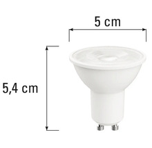 Bec LED GU10 cu dimensiunile de 5,4 cm înălțime și 5 cm lățime