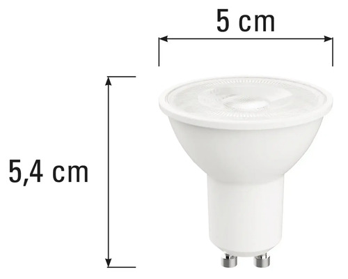 Bec LED GU10 cu dimensiunile de 5,4 cm înălțime și 5 cm lățime