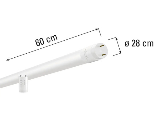 Imagine cu un tub fluorescent de 60 de centimetri lungime și un diametru de 28 de milimetri