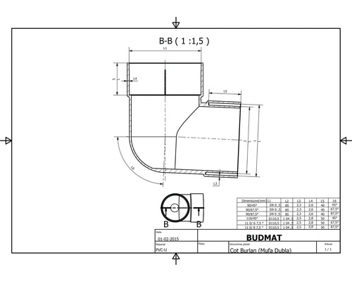 Desen tehnic al unui cot de țeavă de scurgere cu dimensiuni