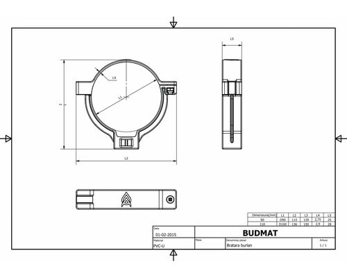 Desen tehnic al unei cleme de țeavă cu dimensiuni