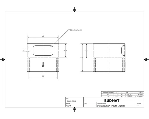 Desen tehnic al unei mufe duble pentru țeavă Budmat din PVC-U cu dimensiuni