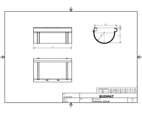 Desen tehnic al unui conector pentru jgheab de la Budmat din PVC-U