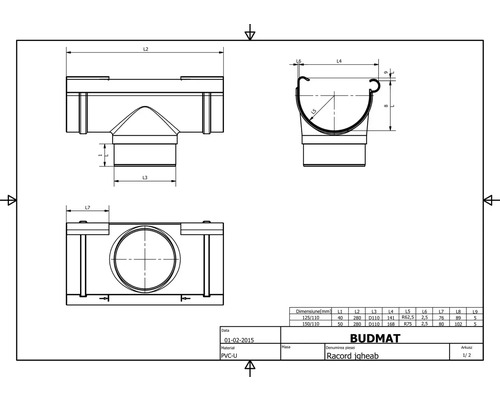 Desen tehnic al unei piese de jgheab cu dimensiuni
