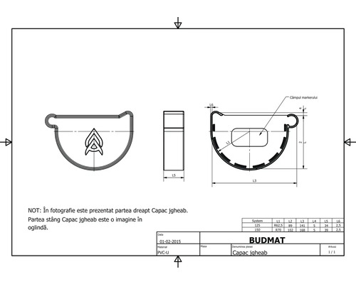 Desen tehnic al unui capac de jgheab cu dimensiuni