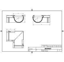 Desen tehnic cu o piesă de colț BUDMAT pentru jgheaburi din PVC-U cu dimensiuni