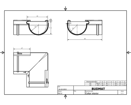 Desen tehnic cu o piesă de colț BUDMAT pentru jgheaburi din PVC-U cu dimensiuni