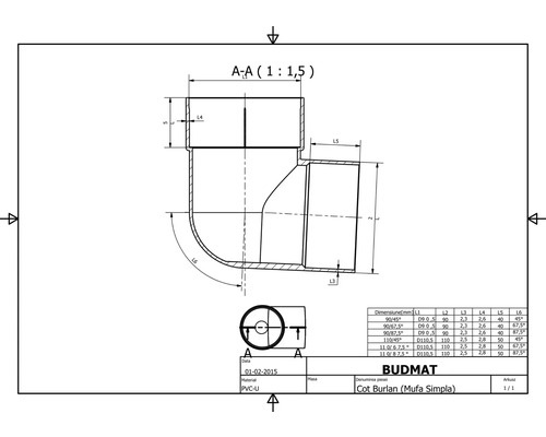 Desen tehnic al unui cot de țeavă Budmat cu dimensiunile