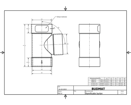 Desen tehnic cu dimensiunile unei ramificații de burlan