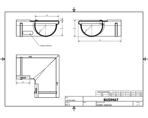 Desen tehnic al unui profil de colț cu dimensiuni și detalii