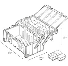 Cutie de scule deschisă cu compartimente și dimensiuni