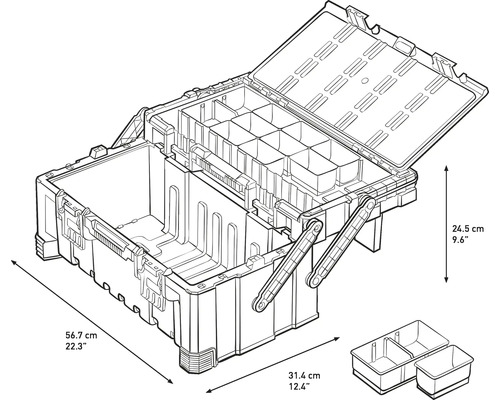 Cutie de scule deschisă cu compartimente și dimensiuni