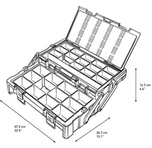 Cutie de scule deschisă cu mai multe compartimente și indicații de dimensiune.