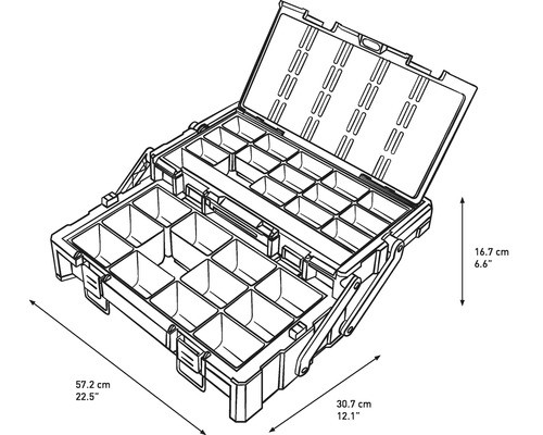 Cutie de scule deschisă cu mai multe compartimente și indicații de dimensiune.