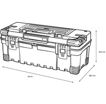 Ilustrație a unei cutii de scule cu dimensiunile de 66 cm lungime, 26,6 cm înălțime și 28,7 cm lățime.