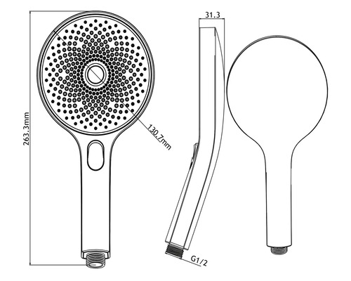 Desen tehnic al unui duș de mână cu dimensiuni