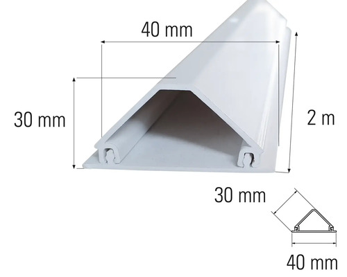 Profil alb pentru canal de cablu cu dimensiunile de 40 mm x 30 mm x 2 m.