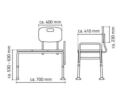 Desen tehnic al unui scaun de duș cu dimensiuni