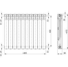Desen tehnic al unui radiator cu dimensiuni