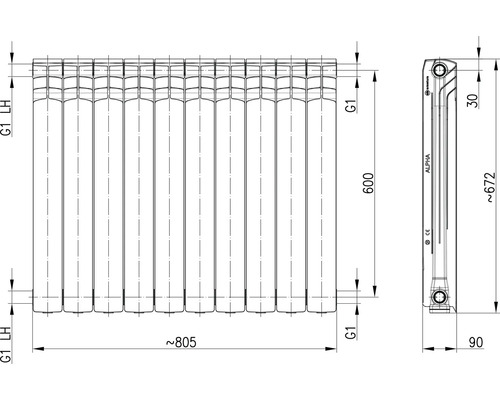 Desen tehnic al unui radiator cu dimensiuni