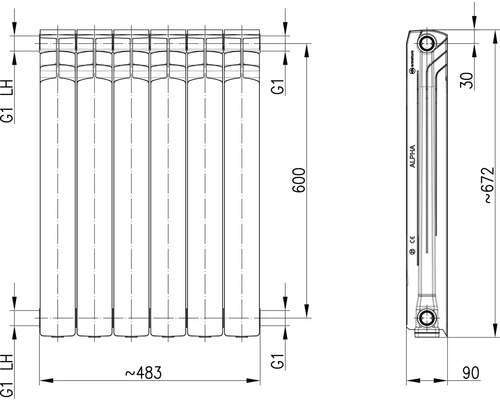 Desen tehnic al unui radiator cu dimensiuni