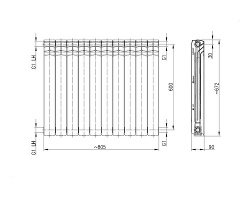 Desen tehnic al unui radiator cu dimensiuni