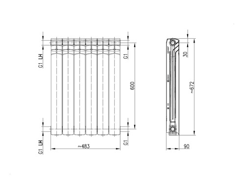 Desen tehnic al unui radiator cu dimensiuni