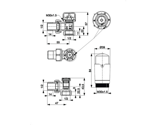 Desen tehnic al unei supape de radiator cu dimensiuni