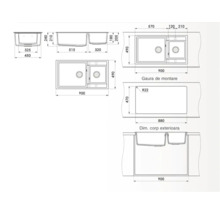 Desen tehnic al unei chiuvete cu două cuve și dimensiuni