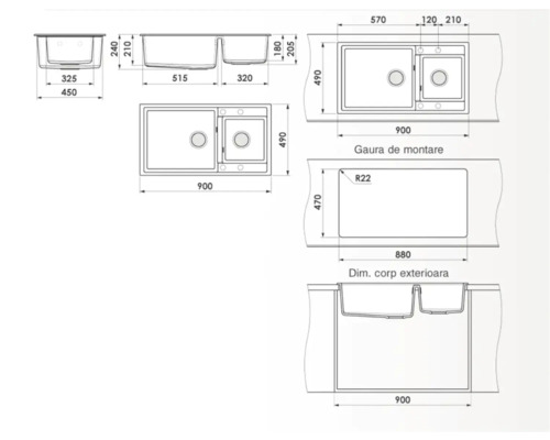 Desen tehnic al unei chiuvete cu două cuve și dimensiuni
